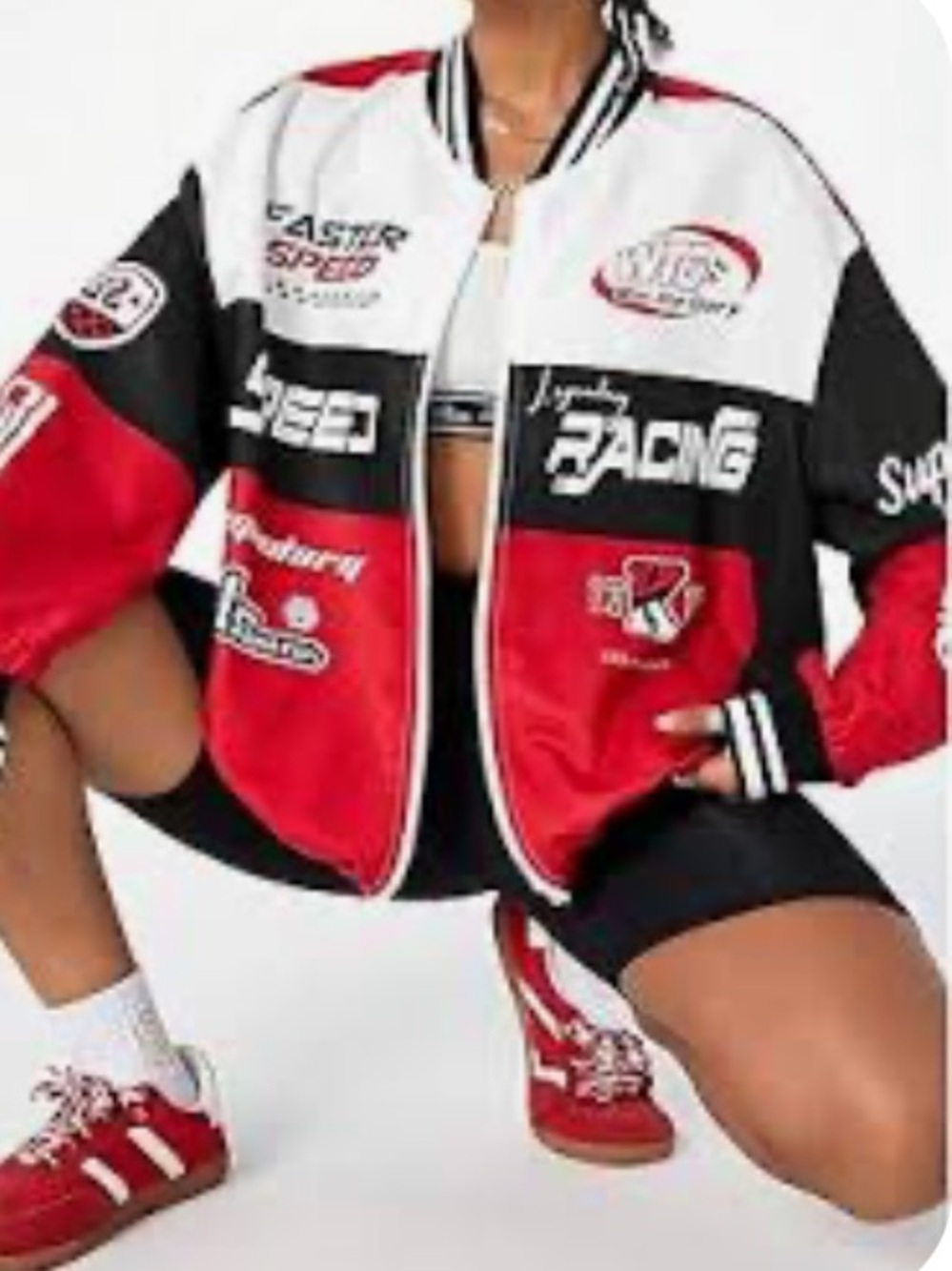 SHEIN Graphic Motorcycle Racing Bomber Jacket Streetwear Zip Up Sz L Women